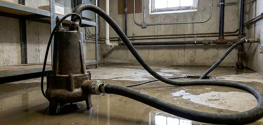 Submersible pump removing shallow standing water in a commercial utility area.